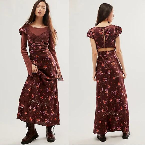 Free People Dainty Lace Retro 90s Butterfly Babe Maxi Dress Brown Combo Medium - Picture 4 of 16
